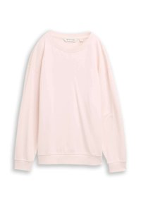 Sudadera rosa de manga larga y cuello redondo. Confeccionada con tela suave, puños acanalados y un diseño simple y liso. Etiqueta visible en el interior.