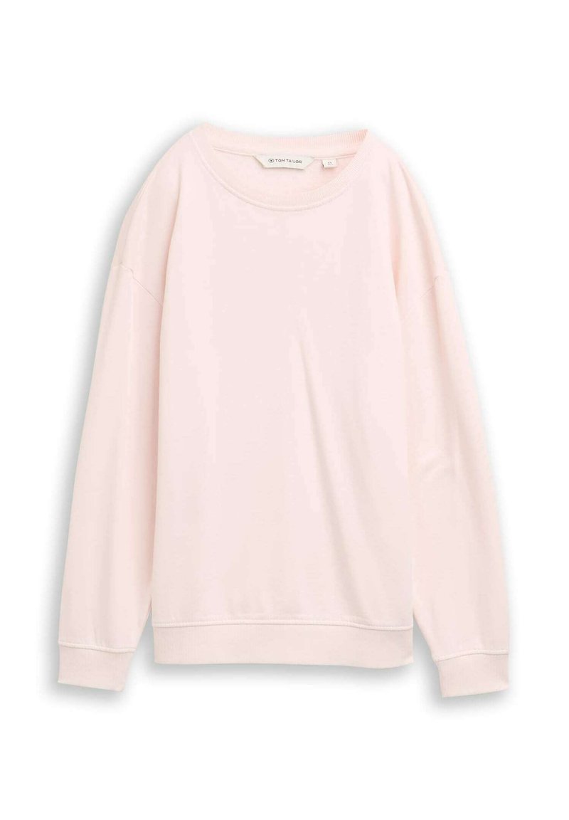 Sudadera rosa de manga larga y cuello redondo. Confeccionada con tela suave, puños acanalados y un diseño simple y liso. Etiqueta visible en el interior.