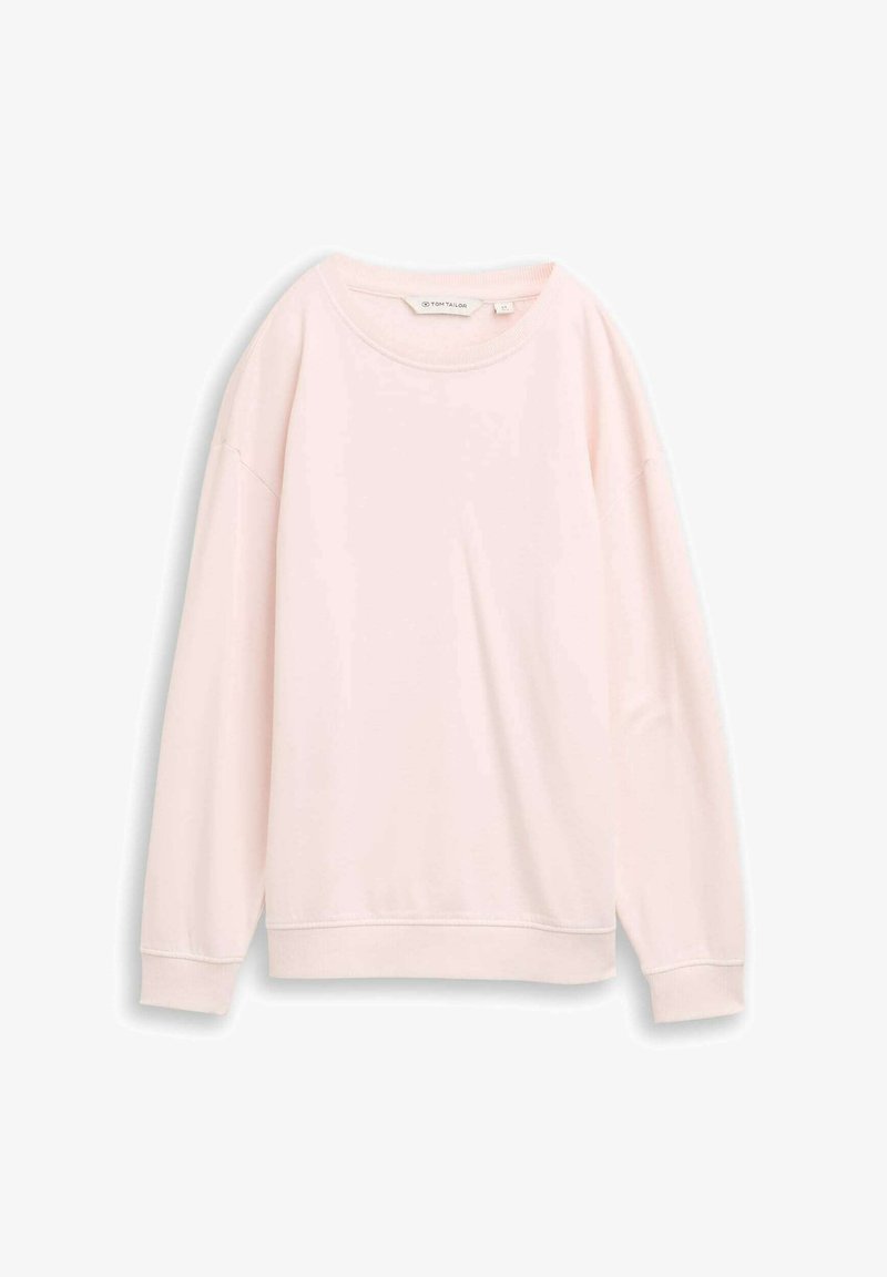 Felpa rosa con maniche lunghe e scollatura rotonda. Presenta un tessuto morbido, polsini a costine e un design semplice e fluido. Etichetta visibile all'interno.