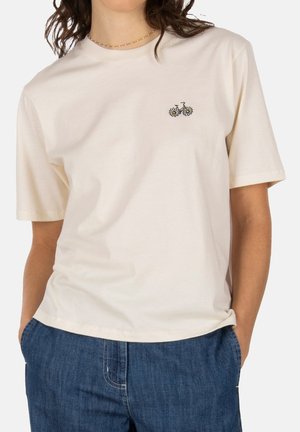 Baumwoll-T-Shirt in Off-White mit einem kleinen gestickten Fahrrad und Gänseblümchen. Bequeme Passform mit kurzen Ärmeln und Rundhalsausschnitt.