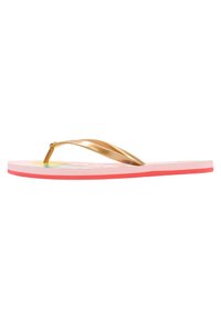 Rosa flip-flop med ett guldmetalliskt band, prydd med en färgglad blommönster på fotbädden och en röd yttersula.