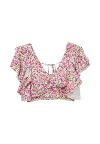 Top corto floreale con motivi rosa, viola e beige. Presenta maniche a volant e un design a V con chiusura a lacci sul retro.