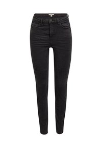 Jean skinny noir taille haute avec fermeture par bouton et fermeture éclair, poches avant et arrière, présenté sur fond blanc.