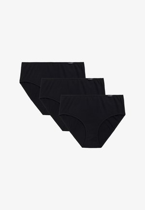 Czarne bawełniane slipy w opakowaniu po trzy sztuki. Charakteryzują się klasycznym krojem, gładką teksturą i elastycznym pasem. Prosty design, bez wzorów.