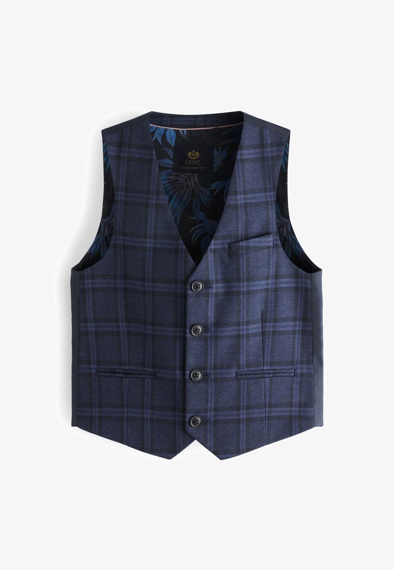 Gilet à carreaux bleu marine avec quatre boutons, deux poches avant et doublure à motif floral à l'intérieur du col et des emmanchures.