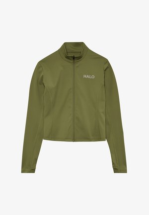 Lichtgroene sportjas met lange mouwen, ritssluiting aan de voorkant en "HALO"-logo op de linkerborst, voorzien van een hoge kraag en een getailleerde pasvorm.