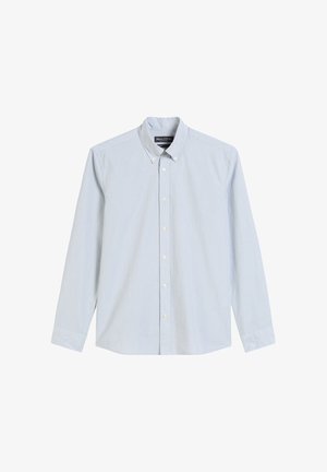 Light blue button-up shirt, long sleeves, subtle check pattern, made of cotton, with a classic collar and white buttons.