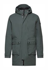 Green waterproof parka jacket with a zip and snap button closure, hood, two front pockets, and visible stitching details.