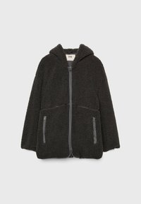 Zwarte fleece jas met een capuchon, frontale rits en twee ritszakken. Zachte textuur en een ontspannen pasvorm met een gladde accentrand.