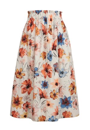 Jupe blanche avec une taille haute élastique, présentant un motif floral vibrant aux teintes orange, bleu, jaune et rose.