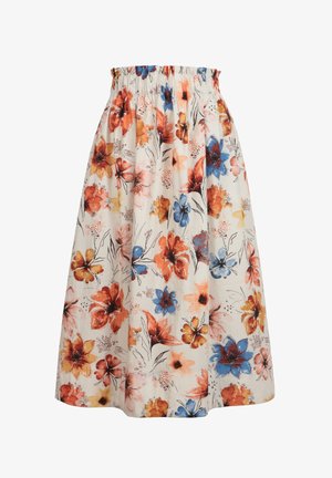Valge seelik kõrge elastse vöökoha ja erksate lillemustritega oranži, sinise, kollase ja roosa toonides.