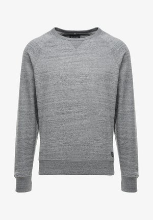 Pelēka jakas ar mīkstu audumu un teksturētu apdari, ar apaļu kakla izgriezumu, garām piedurknēm un ribota apakšmala un piedurknes.