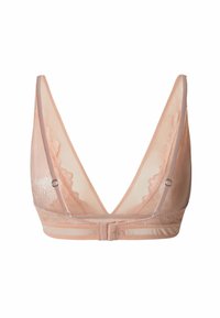 Ljusrosa bralette med en djup V-design, genomskinligt meshmaterial, scalloped spetsdetaljer, justerbara axelband och en krok-och-ögla stängning.
