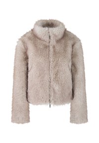 Faux-Fur-Jacke in hellbeige mit hohem Kragen, Reißverschluss und langen Ärmeln sowie einer weichen, strukturierten Oberfläche.
