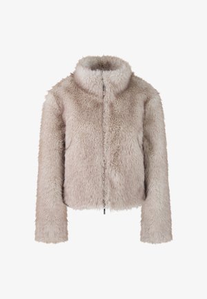 Faux fur jacket in light beige, featuring a high collar, zip closure, and long sleeves with a soft, textured surface.