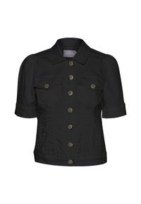 Svart jacka med korta ärmar, framknäppning och två bröstfickor. Tillverkad av lättviktsmaterial med en slät yta och subtil lyster.