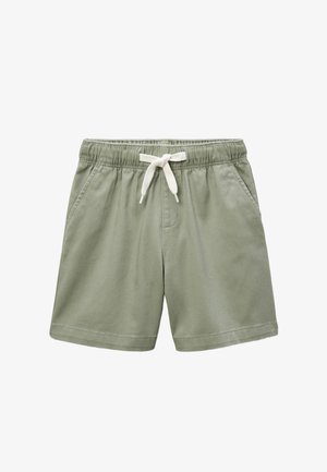 Shorts décontractés vert clair avec taille élastique et cordon blanc, dotés de poches latérales et d'une coupe ample.