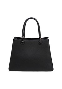 Borsa a tracolla in pelle nera con superficie testurizzata, dotata di due manici strutturati e forma trapezoidale, mostrata su uno sfondo bianco semplice.