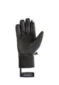 Schwarze Lederhandschuhe mit weicher Oberfläche, die über ein gerafftes Handgelenk, einen Textilbund und einen Gummieinsatz am Riemen zur Verstellung verfügen.