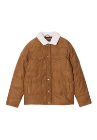 Brun fuskmockajacka med en vit sherpa-krage, två bröstfickor, sidofickor och tryckknappsstängningar. Fodrad design för isolering.