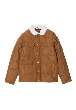 Giacca in finta suede marrone con colletto in sherpa bianco, due tasche sul petto, tasche laterali e chiusura a bottoni a pressione. Design imbottito per isolamento.