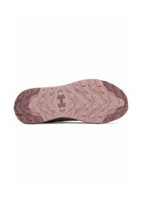 Semelle de chaussure avec un motif texturé en zigzag. Principalement rose clair avec des accents plus foncés. Matériau en caoutchouc durable avec un logo central.
