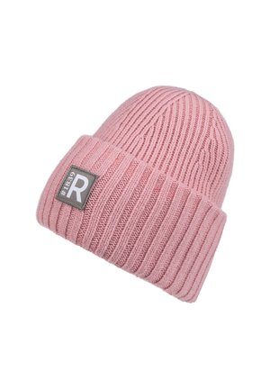 Wool knit beanie in soft pink with ribbed texture and a folded cuff. Features a square patch with the letter "R" and style number.