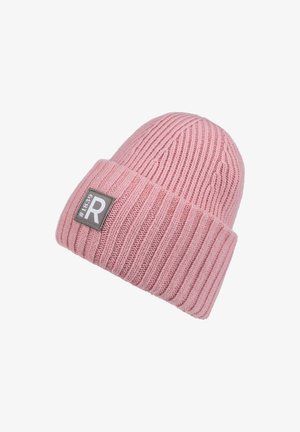 Wool knit beanie in soft pink with ribbed texture and a folded cuff. Features a square patch with the letter "R" and style number.