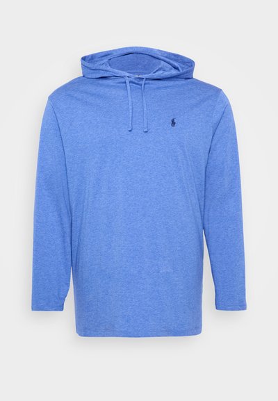 Hoodie med lång ärm i ljusblått, tillverkad av mjukt tyg, med en logotyp framtill och dragsnören. Lätt och avslappnad design.