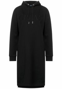 Svart sweatshirtklänning med huva, med dragsnoddar och präglad text "GREAT". Designad med långa ärmar och texturerade muddar.