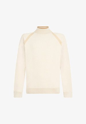 Krém színű pulóver, magas bordás gallérral, bordás mandzsettákkal és raglán ujjakkal, finom bézs akcentusokkal az illesztéseknél.