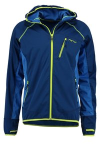 Veste softshell bleue à capuche avec fermeture éclair jaune-vert vif et bordure, poches zippées poitrine et côtés, et surpiqûres contrastées.