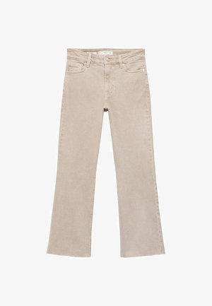 Jeans bej din denim, cu croi evazat, talie medie, design cu cinci buzunare și cusături contrastante. Textură moale cu o finisare netedă.