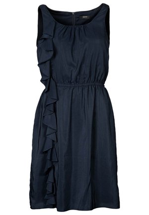 Robe sans manches bleu marine avec des détails froncés sur le côté gauche, taille élastique et texture de tissu lisse. Fermeture éclair au dos.