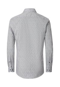 Long-sleeve shirt in light blue fabric with a floral pattern. Features a traditional collar and double-buttoned cuffs.