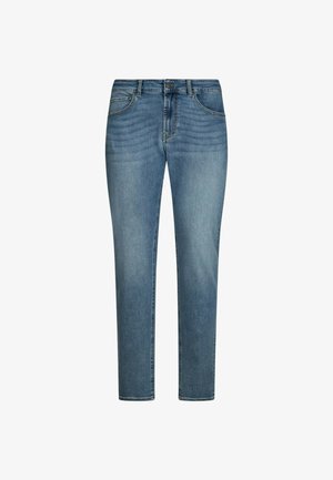 Jeans in denim azzurro chiaro con taglio a gamba dritta, design a cinque tasche, chiusura con bottone e cerniera, e leggero effetto sbiadito sulle cosce.