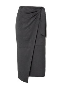 Dunkelgrauer Wildleder-Midirock zum Wickeln mit asymmetrischem Saum und seitlicher Bindung.