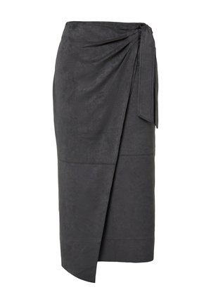 Dunkelgrauer Wildleder-Midirock zum Wickeln mit asymmetrischem Saum und seitlicher Bindung.