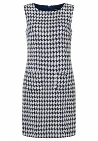 Robe sans manches en motif pied-de-poule bleu marine et blanc. Présente un col rond, une fermeture éclair au dos et deux poches avant avec des accents métalliques.
