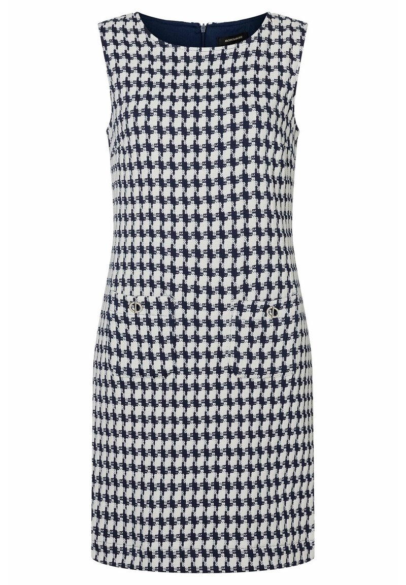 Robe sans manches en motif pied-de-poule bleu marine et blanc. Présente un col rond, une fermeture éclair au dos et deux poches avant avec des accents métalliques.
