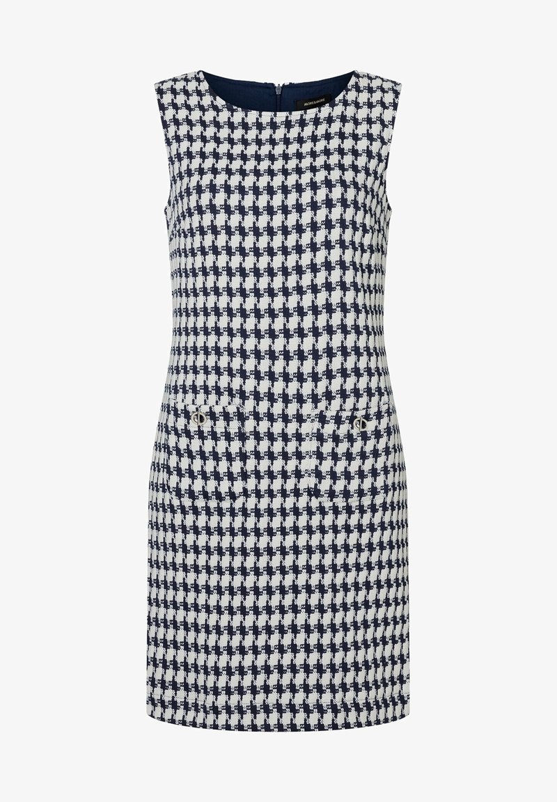 Robe sans manches en motif pied-de-poule bleu marine et blanc. Présente un col rond, une fermeture éclair au dos et deux poches avant avec des accents métalliques.