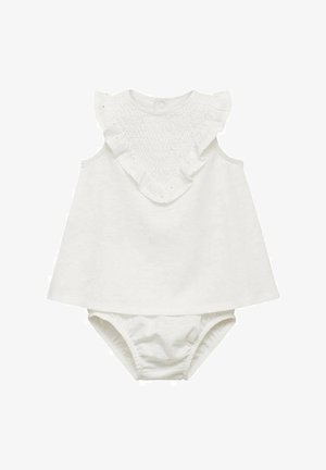 Salopetă pentru bebeluși din bumbac alb cu un design fără mâneci, având un guler cu volane și un capac pentru scutec strâns. Textură netedă, construcție simplă.