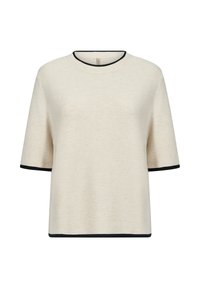 Beige kortärmad stickad topp med ribbad textur och svart kant längs halsringningen, ärmsluten och nederkanten.