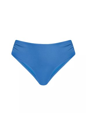 Niebieskie bikini dolne wykonane z gładkiego materiału; ma klasyczny krój z delikatnymi marszczeniami po bokach oraz starannym wykończeniem brzegów.