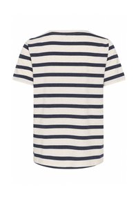 T-shirt rayé avec des bandes horizontales bleu marine et crème, manches courtes, encolure ronde, et en mélange de coton doux.