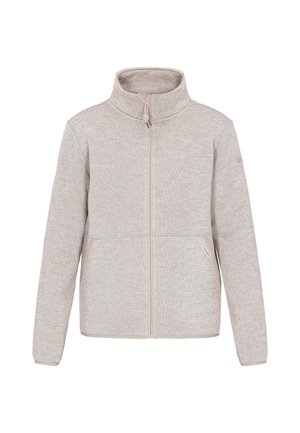 Helle beige Jacke mit Reißverschluss und hohem Kragen, strukturiertem Stoff und seitlichen Taschen. Verfügt über einen glatten Reißverschluss und minimalistische Nahtdetails.