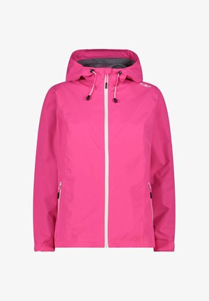 Rosa vandtæt jakke med hætte, hvid lynlås, justerbare snore og sidelommer. Glat tekstur med et minimalistisk design.