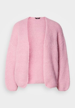 Pink knitted cardigan with a loose fit, open front, and dropped shoulders. Soft texture, ribbed cuffs, and hem details.