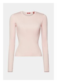 T-shirt à manches longues côtelé de couleur rose clair. Présente un col rond et une silhouette ajustée. Fabriqué en tissu extensible pour un ajustement proche du corps.