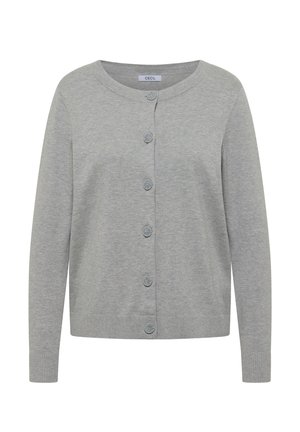 Světlý šedý dlouhý kardigan s knoflíky, kulatým výstřihem, žebrovanými manžetami a lemem, vyrobený z měkké pletené látky.